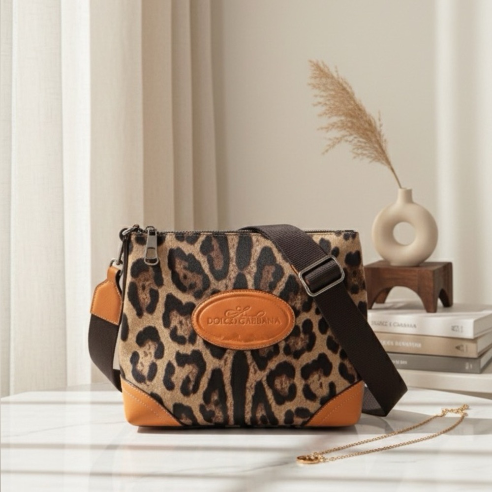 DOLCE & GABBANA Leopard‎ Print Crossbody Bag Canvas Leather Trim Y2K Animal